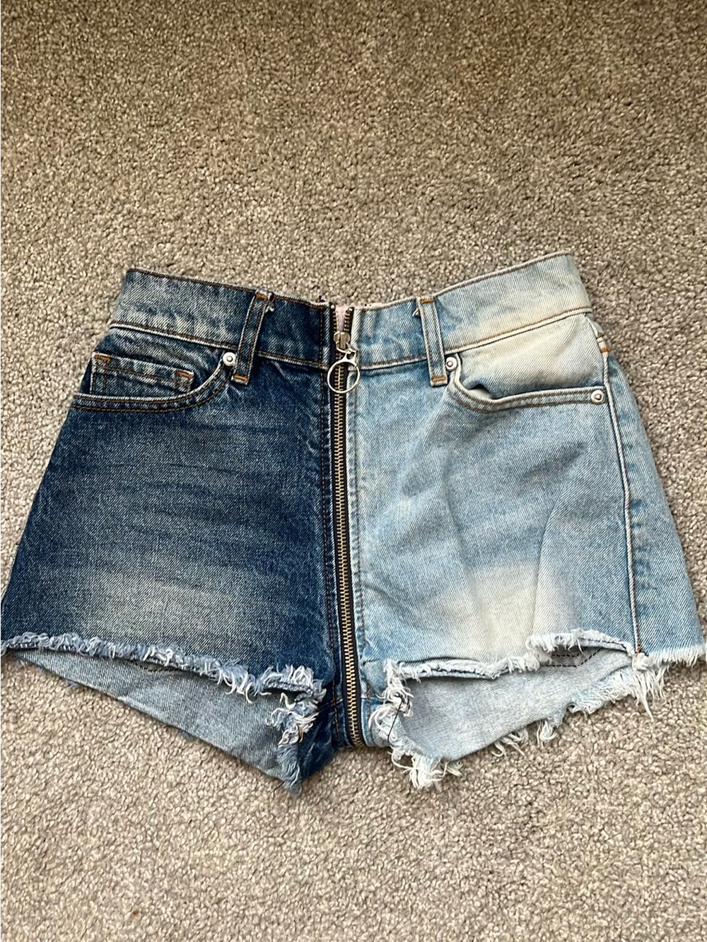 REVICE Two-Tone Distressed Denim Jean Shorts - Dark & Light Blue